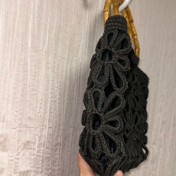 Stunning Black High Quality Macrame Floral Bamboo Handles Bag Purse - Picture 3 of 9